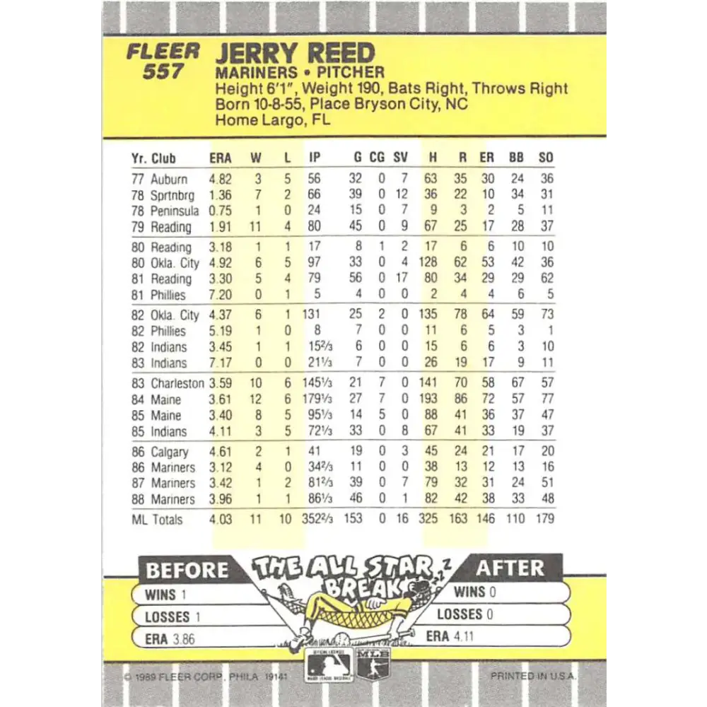 1989 Fleer #557 Jerry Reed EX Excellent Seattle Mariners Baseball Card Image 2