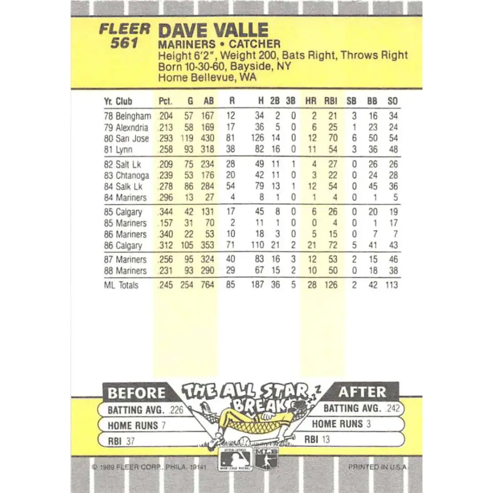 1989 Fleer #561 Dave Valle EX Excellent Seattle Mariners Baseball Card Image 2