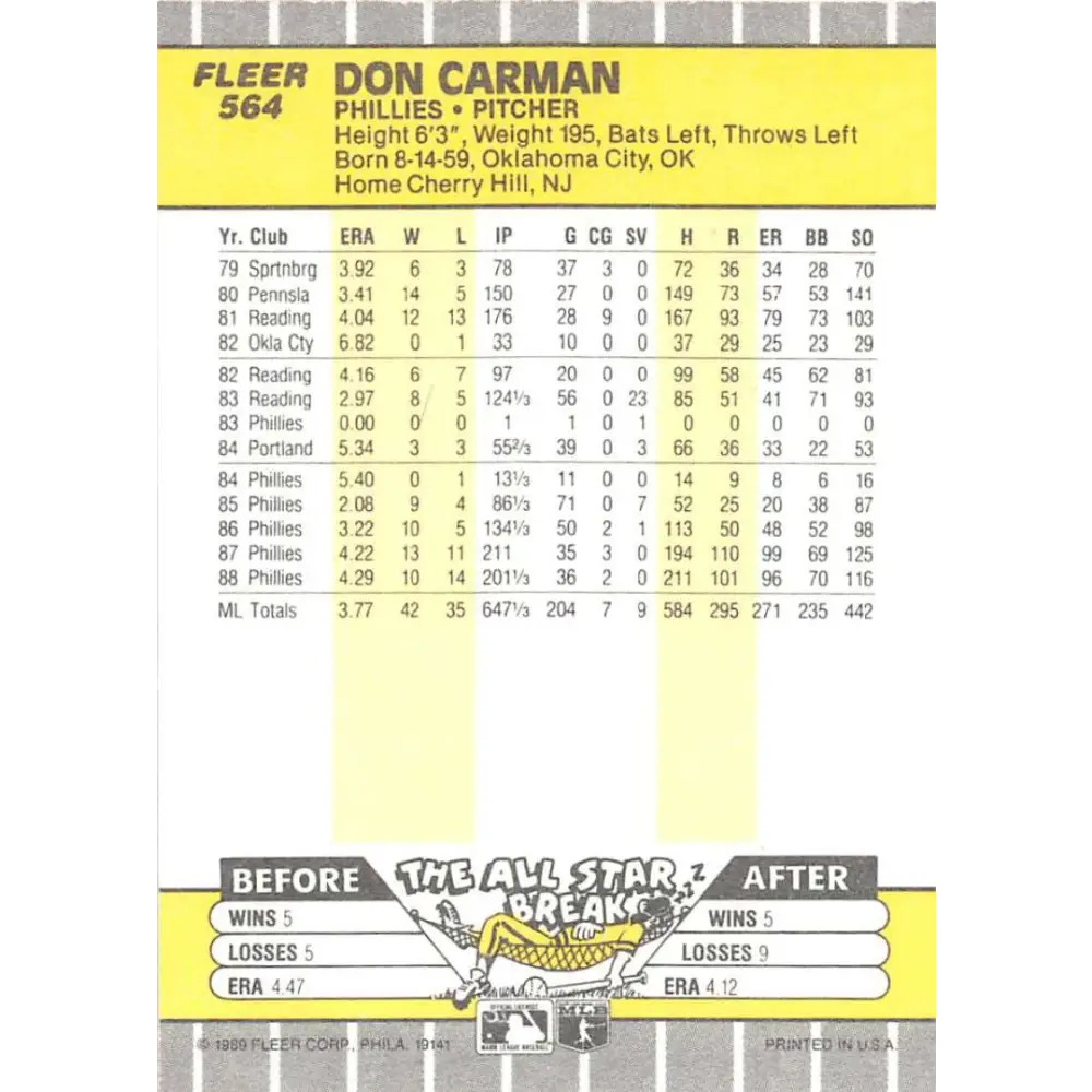 1989 Fleer #564 Don Carman EX Excellent Philadelphia Phillies Baseball Card Image 2