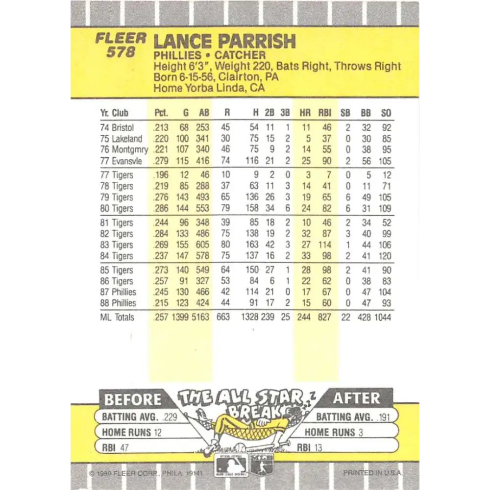 1989 Fleer #578 Lance Parrish EX Excellent Philadelphia Phillies Baseball Card Image 2