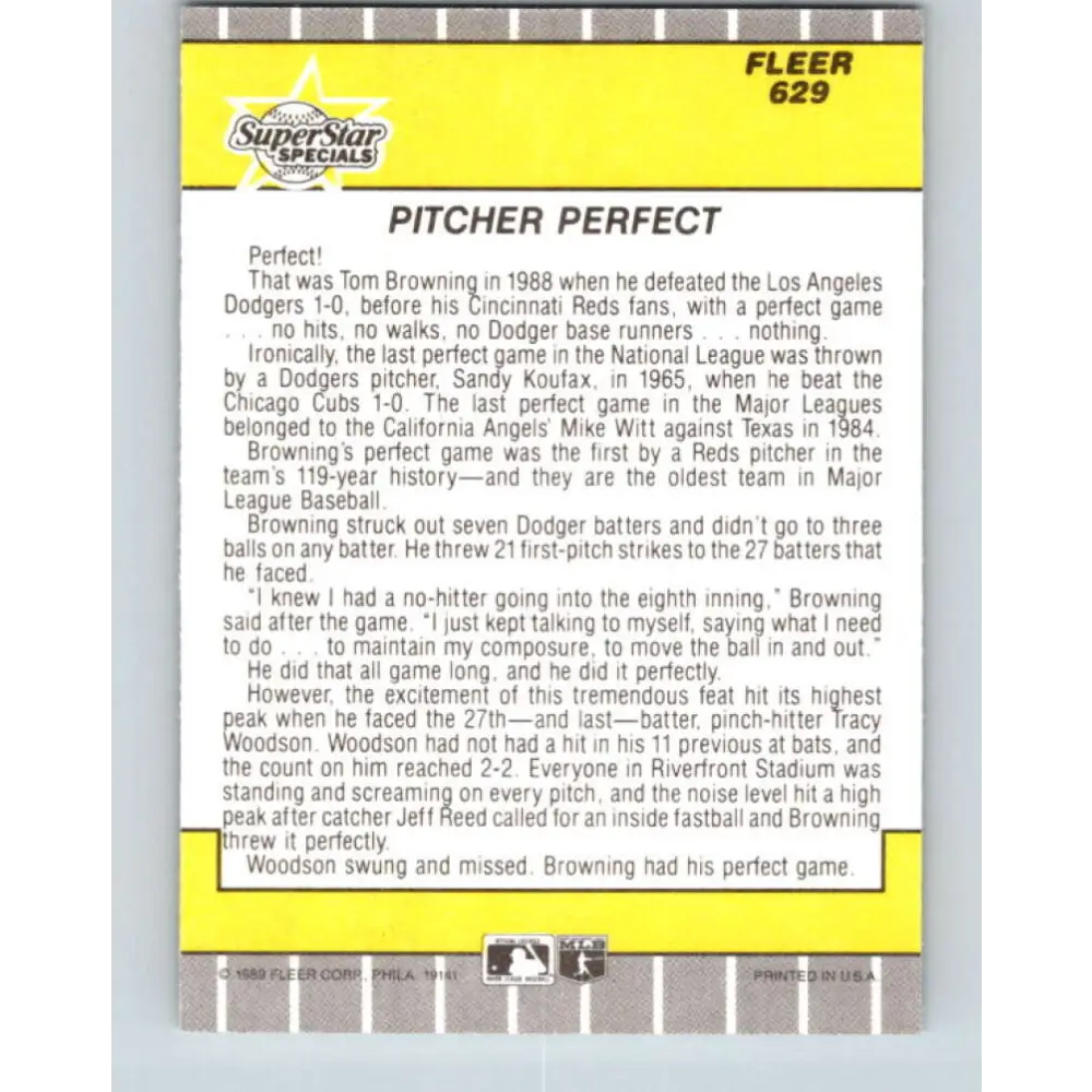 1989 Fleer #629 Tom Browning EX Excellent Cincinnati Reds Baseball Card Image 2