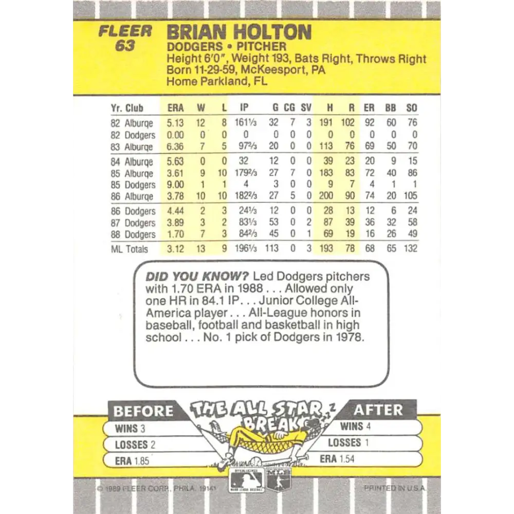 1989 Fleer #63 Brian Holton EX Excellent Los Angeles Dodgers Baseball Card Image 2