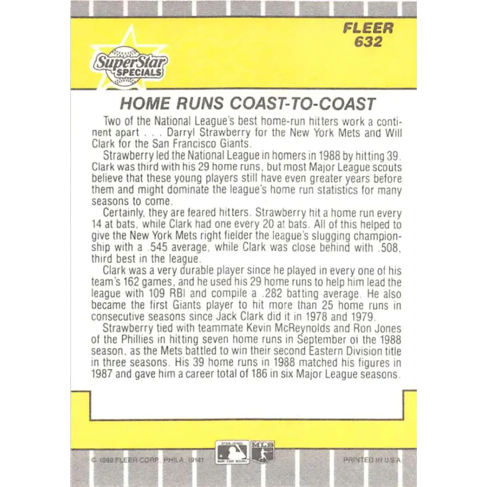 1989 Fleer #632 Will Clark/Darryl Strawberry EX Excellent New York Mets/San Francisco Giants Baseball Card Image 2