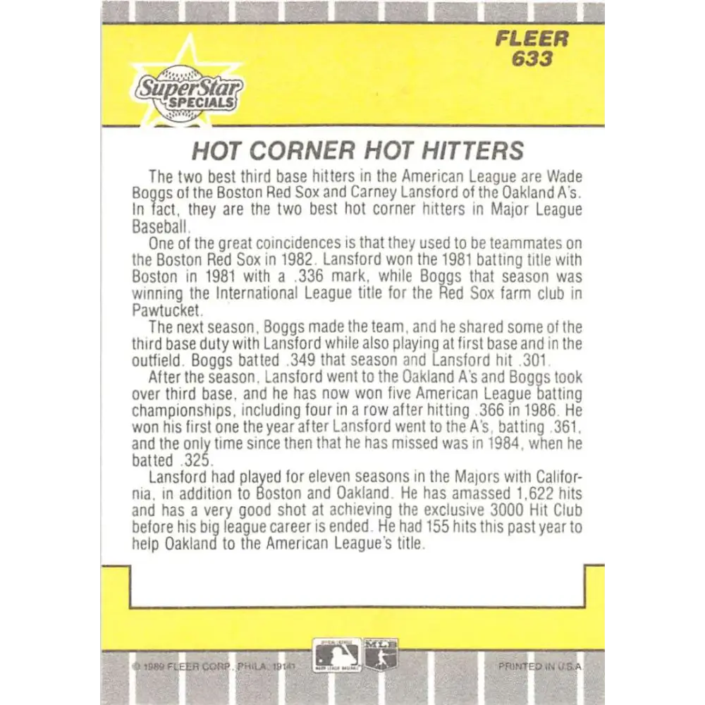 1989 Fleer #633 Wade Boggs/Carney Lansford EX Excellent Boston Red Sox/Oakland Athletics Baseball Card Image 2