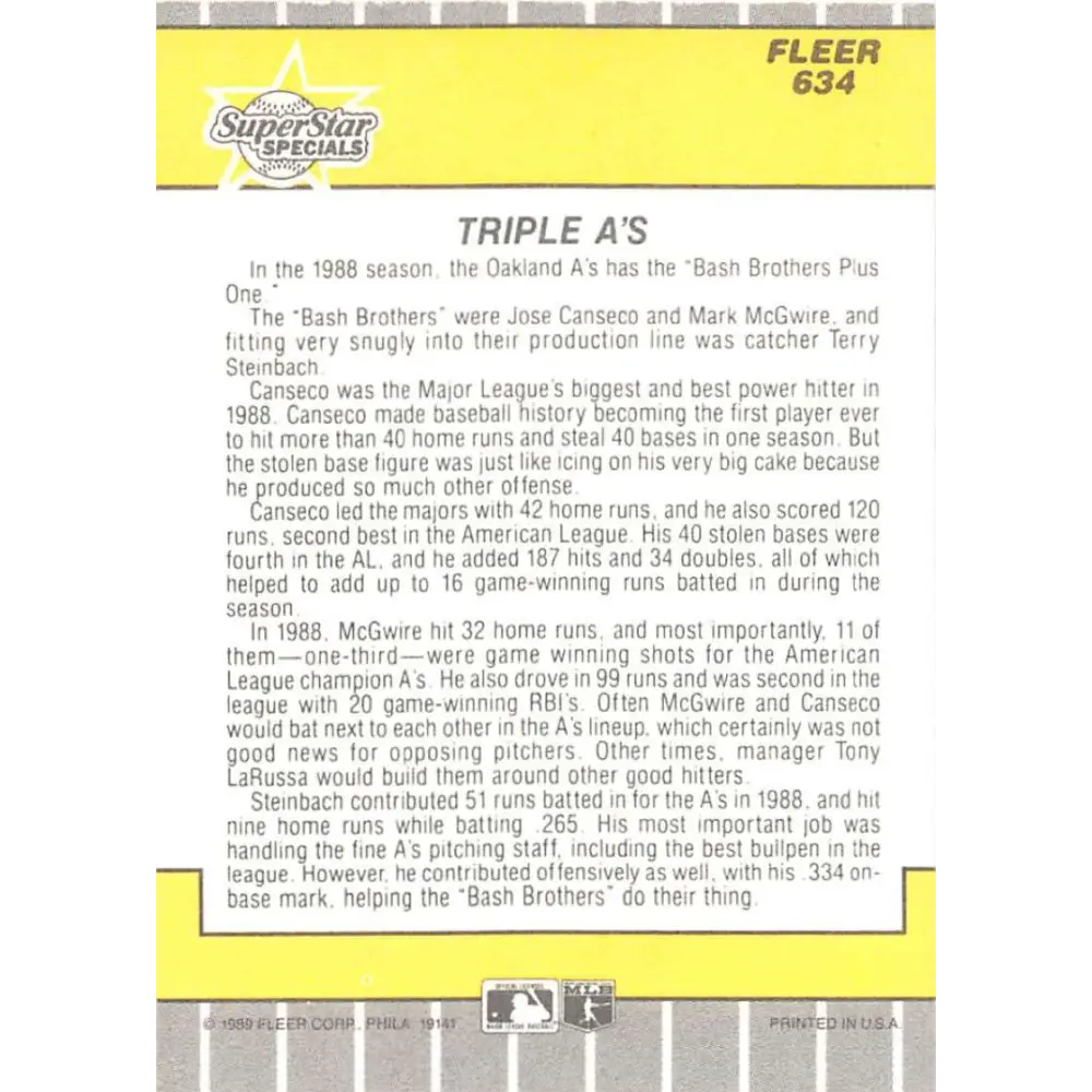 1989 Fleer #634 Jose Canseco/Terry Steinbach/Mark McGwire EX Excellent Oakland Athletics Baseball Card Image 2