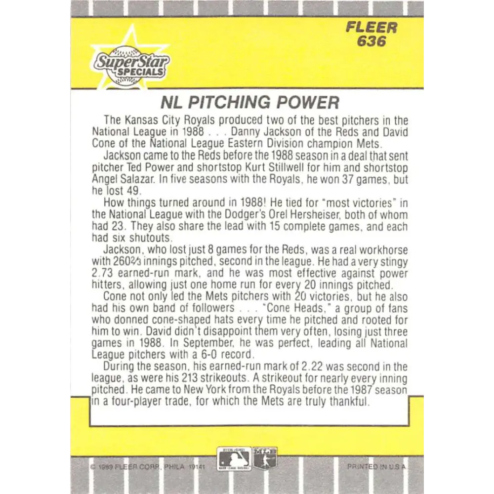 1989 Fleer #636 David Cone/Danny Jackson EX Excellent Cincinnati Reds/New York Mets Baseball Card Image 2