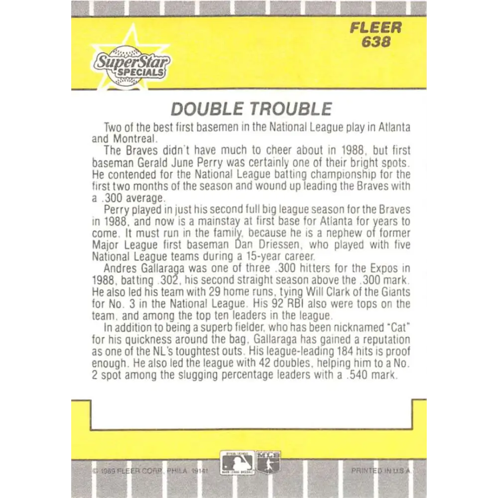 1989 Fleer #638 Andres Galarraga/Gerald Perry EX Excellent Montreal Expos/Atlanta Braves Baseball Card Image 2