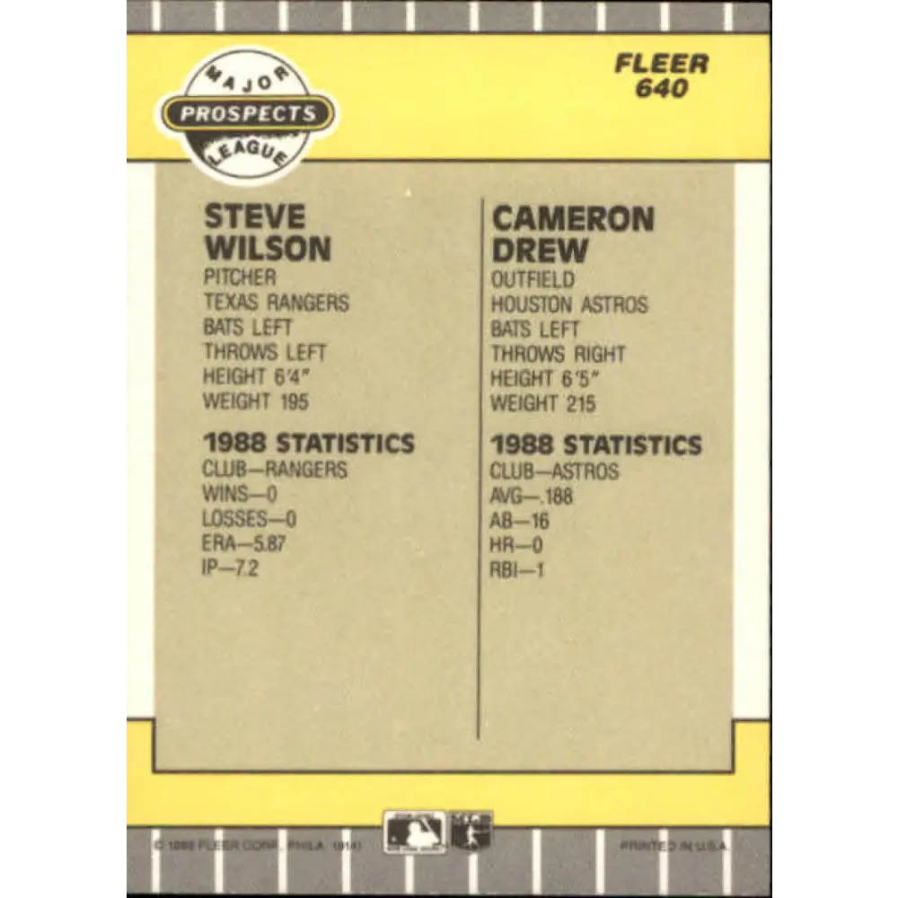 1989 Fleer #640 Steve Wilson/Cameron Drew EX Excellent RC Rookie Texas Rangers/Houston Astros Baseball Card Image 2
