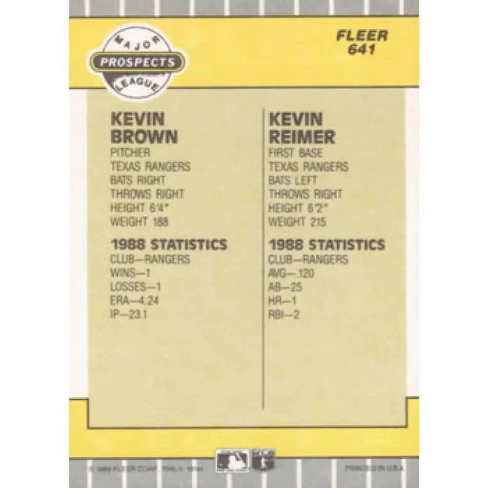 1989 Fleer #641 Kevin Brown/Kevin Reimer EX Excellent Texas Rangers Baseball Card Image 2