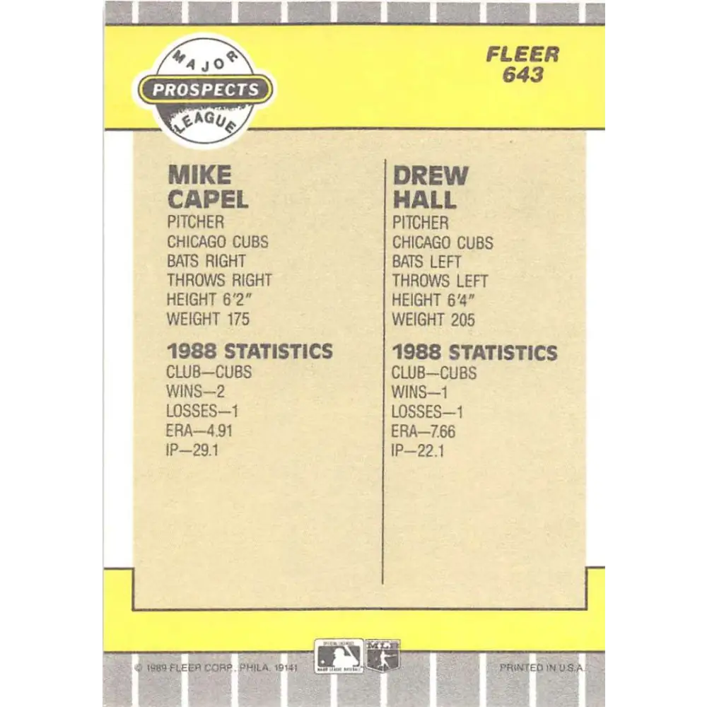 1989 Fleer #643 Mike Capel/Drew Hall EX Excellent Chicago Cubs Baseball Card Image 2