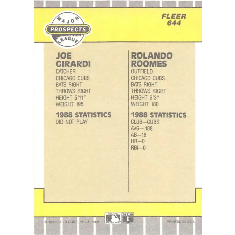1989 Fleer #644 Joe Girardi/Rolando Roomes EX Excellent RC Rookie Chicago Cubs Baseball Card Image 2