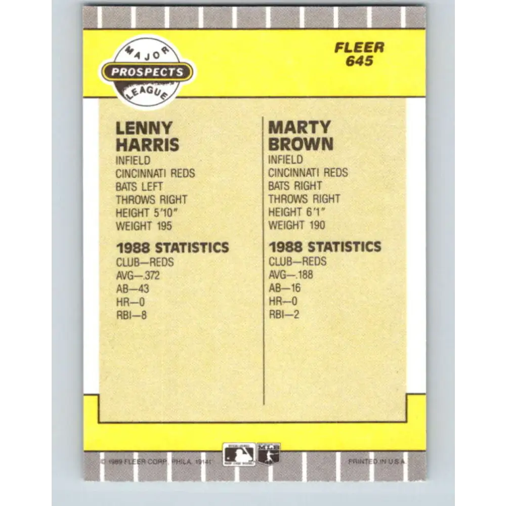 1989 Fleer #645 Lenny Harris/Marty Brown EX Excellent RC Rookie Cincinnati Reds Baseball Card Image 2