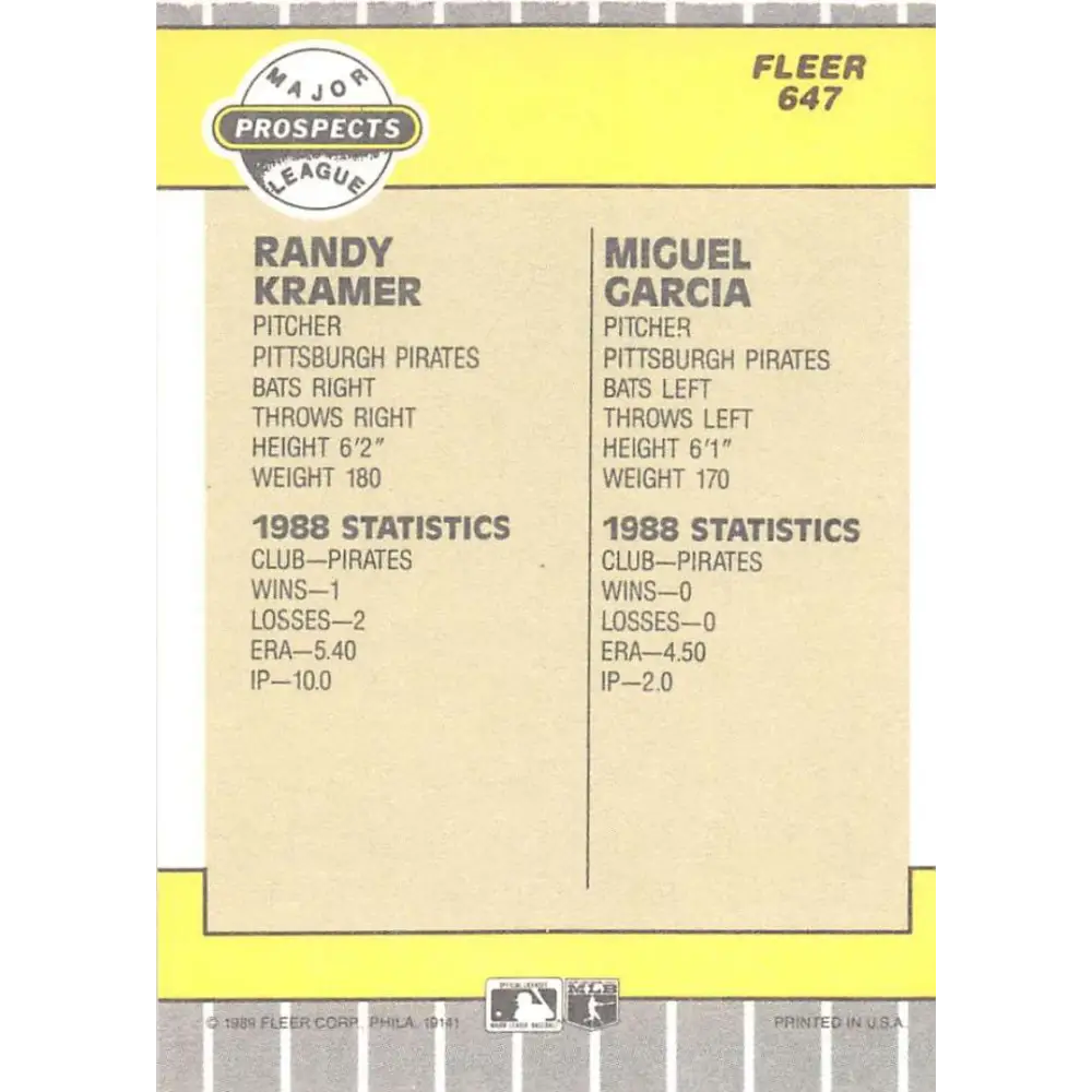 1989 Fleer #647 Randy Kramer/Miguel Garcia EX Excellent RC Rookie Pittsburgh Pirates Baseball Card Image 2