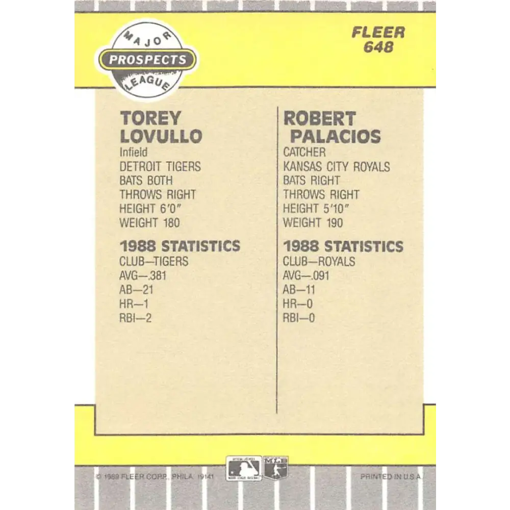 1989 Fleer #648 Torey Lovullo/Robert Palacios EX Excellent RC Rookie Detroit Tigers/Kansas City Royals Baseball Card Image 2
