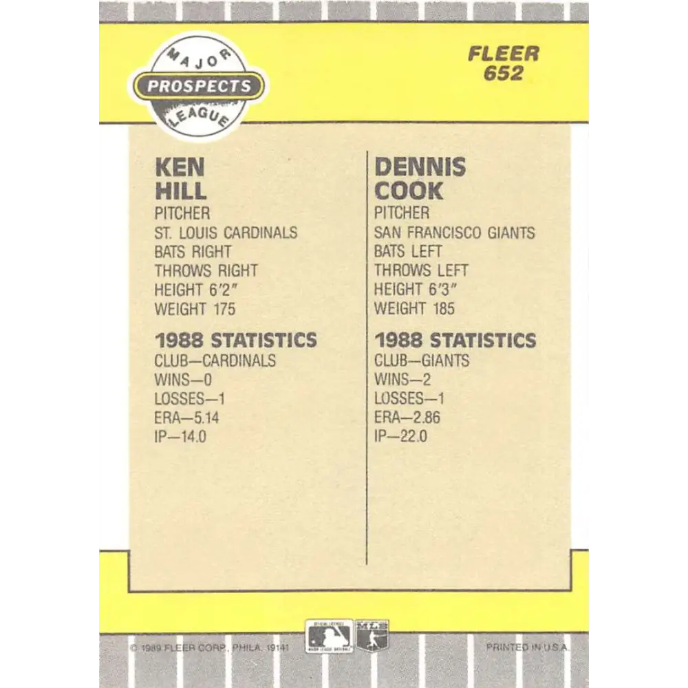 1989 Fleer #652 Ken Hill/Dennis Cook EX Excellent RC Rookie St. Louis Cardinals/San Francisco Giants Baseball Card Image 2