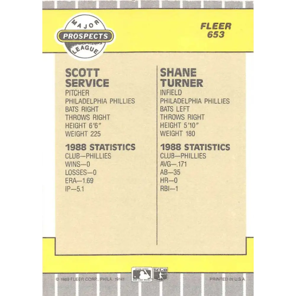 1989 Fleer #653 Scott Service/Shane Turner EX Excellent Philadelphia Phillies Baseball Card Image 2