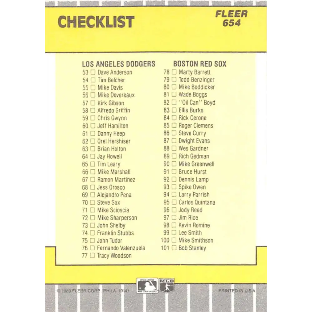 1989 Fleer #654 Checklist Oakland/Mets Dodgers/Red Sox EX Excellent Oakland Athletics/New York Mets/Los Angeles Dodgers/Boston Red Sox Baseball Card Image 2