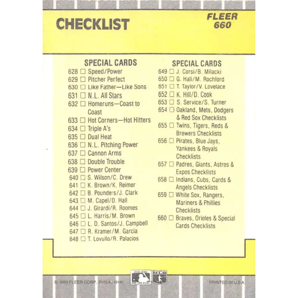 1989 Fleer #660 Checklist Mariners/Orioles Specials/Checklists EX Excellent Atlanta Braves/Baltimore Orioles Baseball Card Image 2
