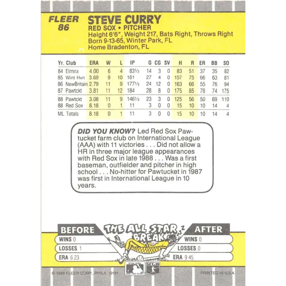 1989 Fleer #86 Steve Curry EX Excellent RC Rookie Boston Red Sox Baseball Card Image 2