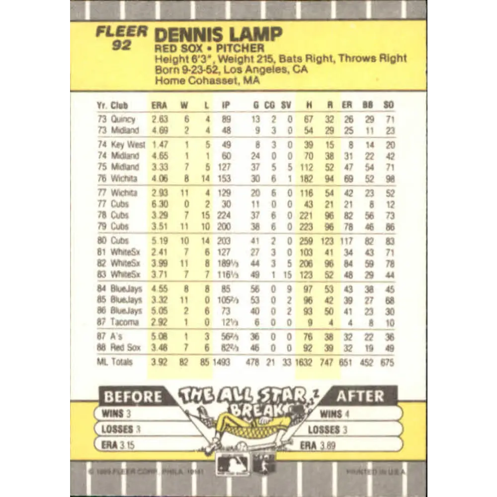 1989 Fleer #92 Dennis Lamp EX Excellent Boston Red Sox Baseball Card Image 2