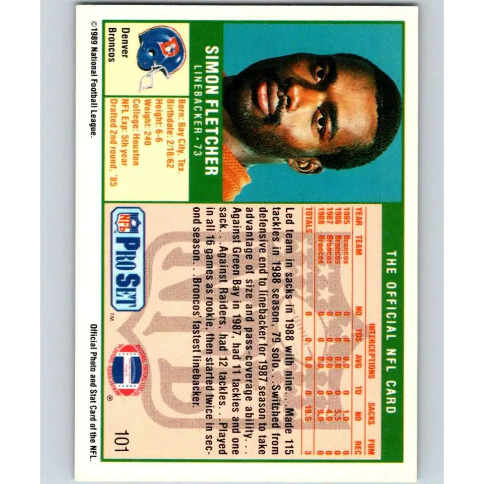 1989 Pro Set #101 Simon Fletcher NM-MT RC Rookie Denver Broncos Football Card Image 2