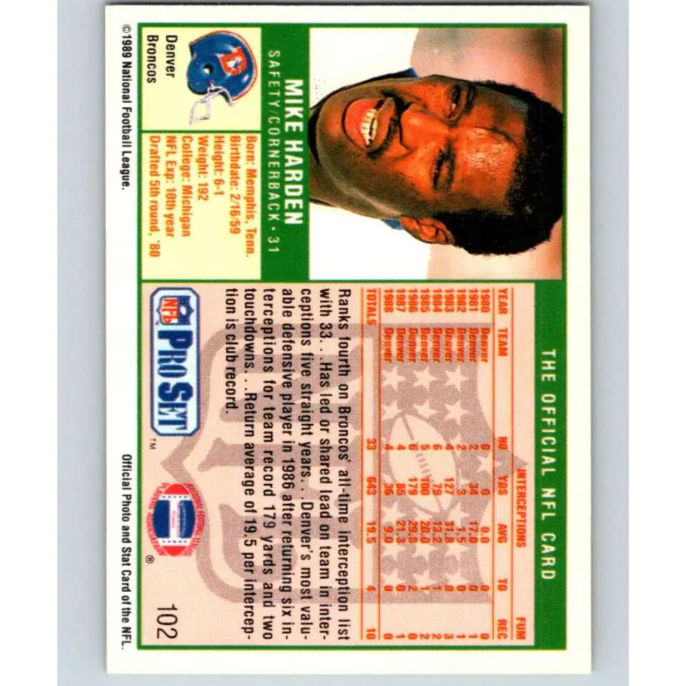 1989 Pro Set #102 Mike Harden NM-MT Denver Broncos Football Card Image 2
