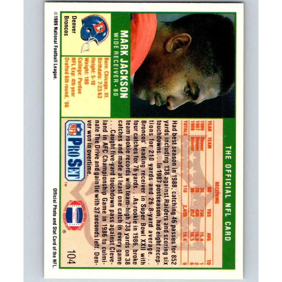 1989 Pro Set #104 Mark Jackson NM-MT Denver Broncos Football Card Image 2