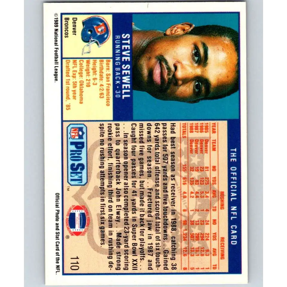 1989 Pro Set #110 Steve Sewell NM-MT RC Rookie Denver Broncos Football Card Image 2
