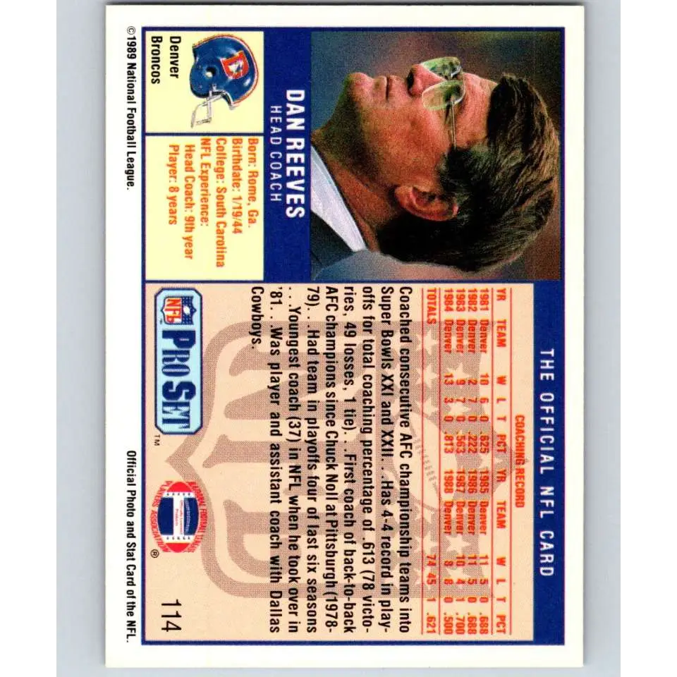 1989 Pro Set #114 Dan Reeves CO NM-MT Denver Broncos Football Card Image 2