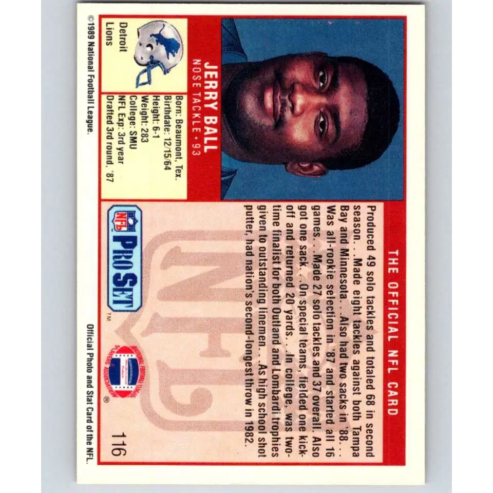 1989 Pro Set #116 Jerry Ball NM-MT RC Rookie Detroit Lions Football Card Image 2