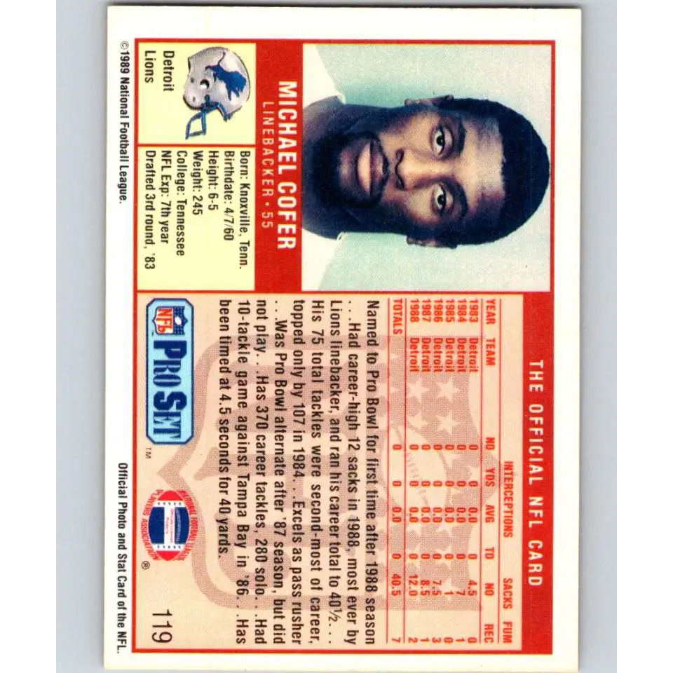1989 Pro Set #119 Michael Cofer NM-MT Detroit Lions Football Card Image 2
