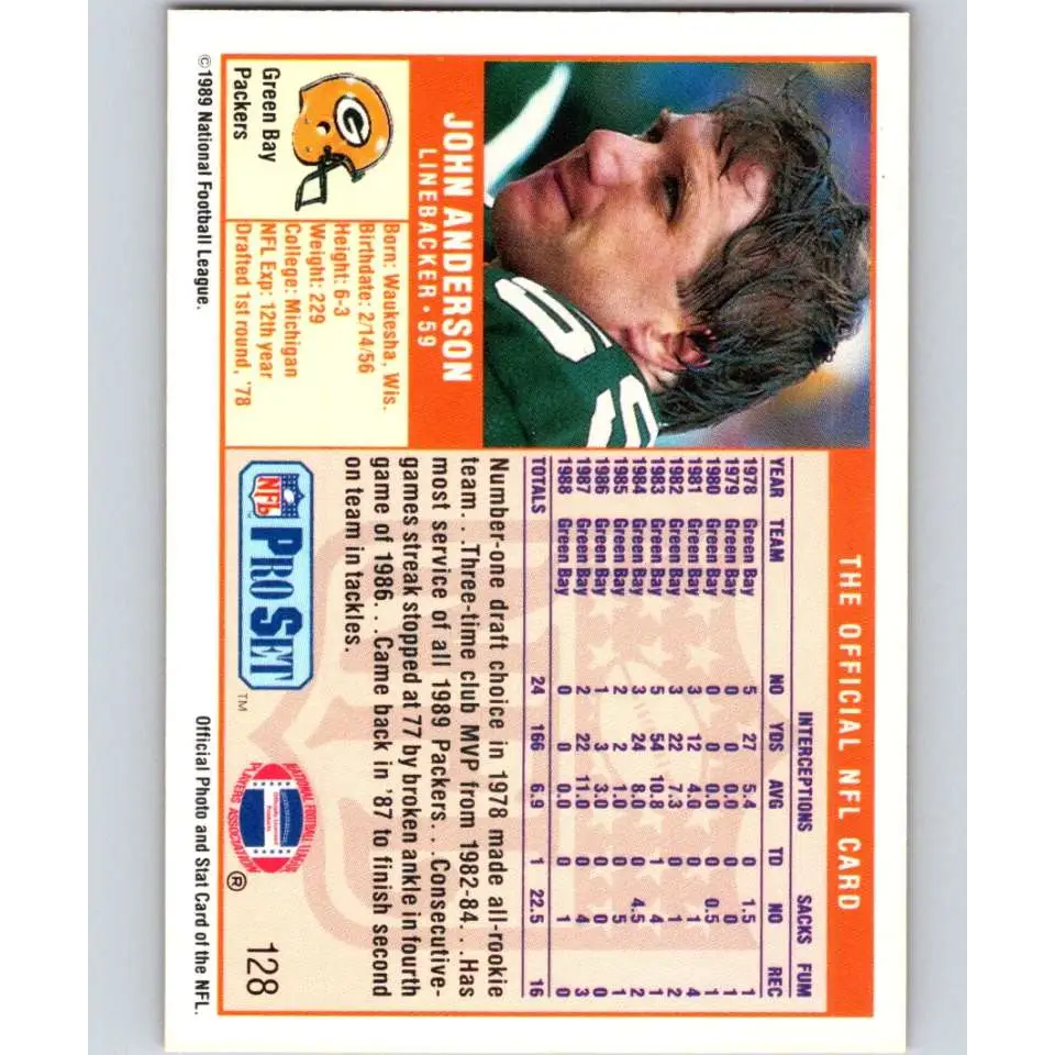 1989 Pro Set #128 John Anderson NM-MT Green Bay Packers Football Card Image 2