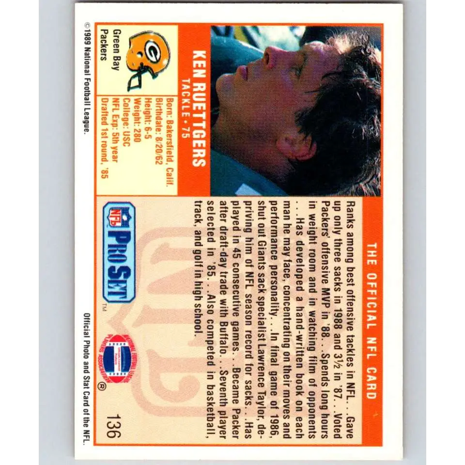 1989 Pro Set #136 Ken Ruettgers NM-MT RC Rookie Green Bay Packers Football Card Image 2