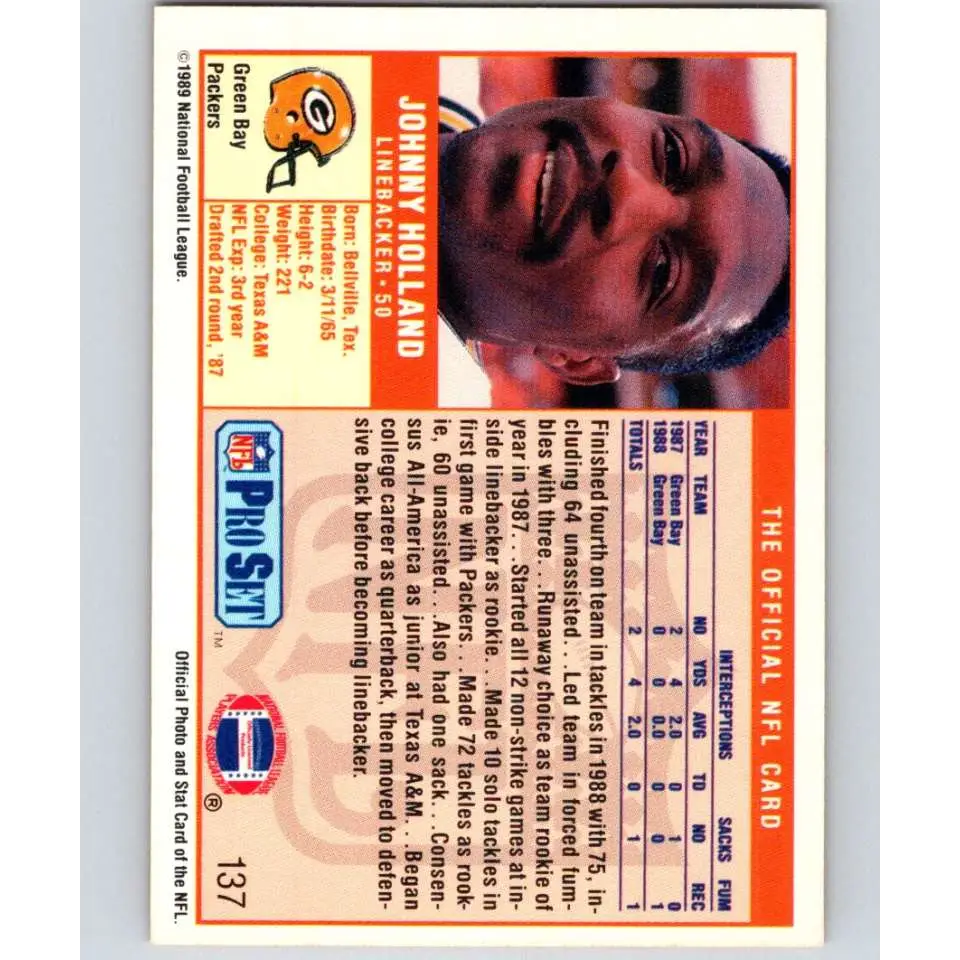 1989 Pro Set #137 Johnny Holland NM-MT Green Bay Packers Football Card Image 2