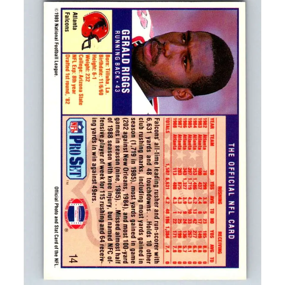 1989 Pro Set #14 Gerald Riggs UER NM-MT Atlanta Falcons Football Card Image 2
