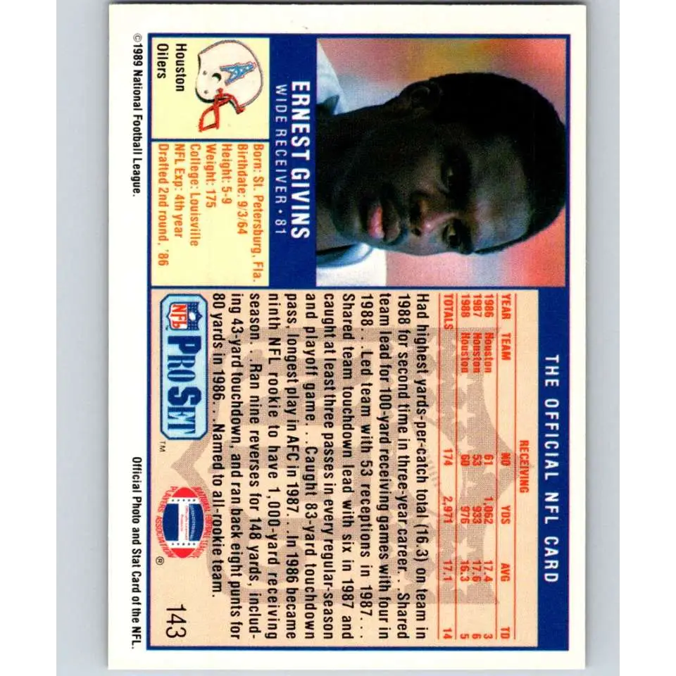 1989 Pro Set #143 Ernest Givins NM-MT Houston Oilers Football Card Image 2