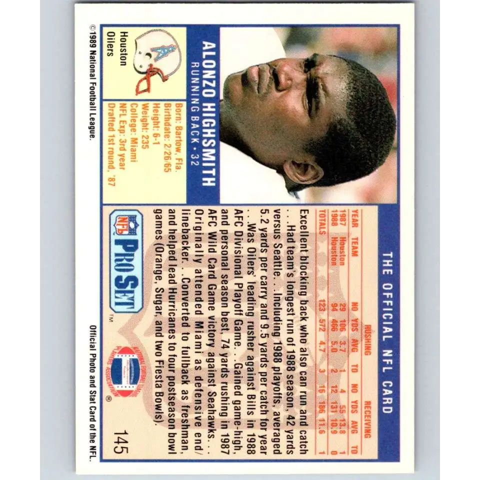 1989 Pro Set #145 Alonzo Highsmith NM-MT Houston Oilers Football Card Image 2