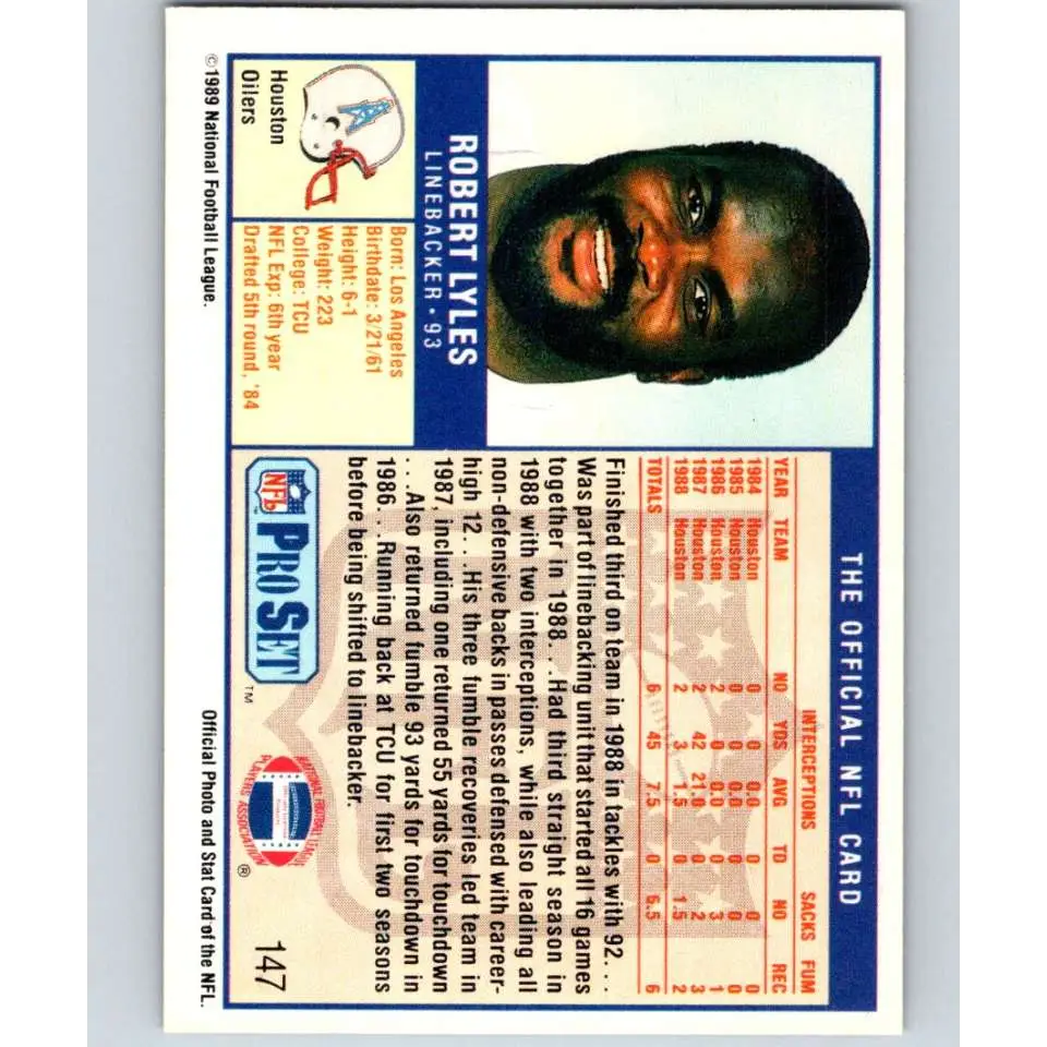 1989 Pro Set #147 Robert Lyles NM-MT Houston Oilers Football Card Image 2