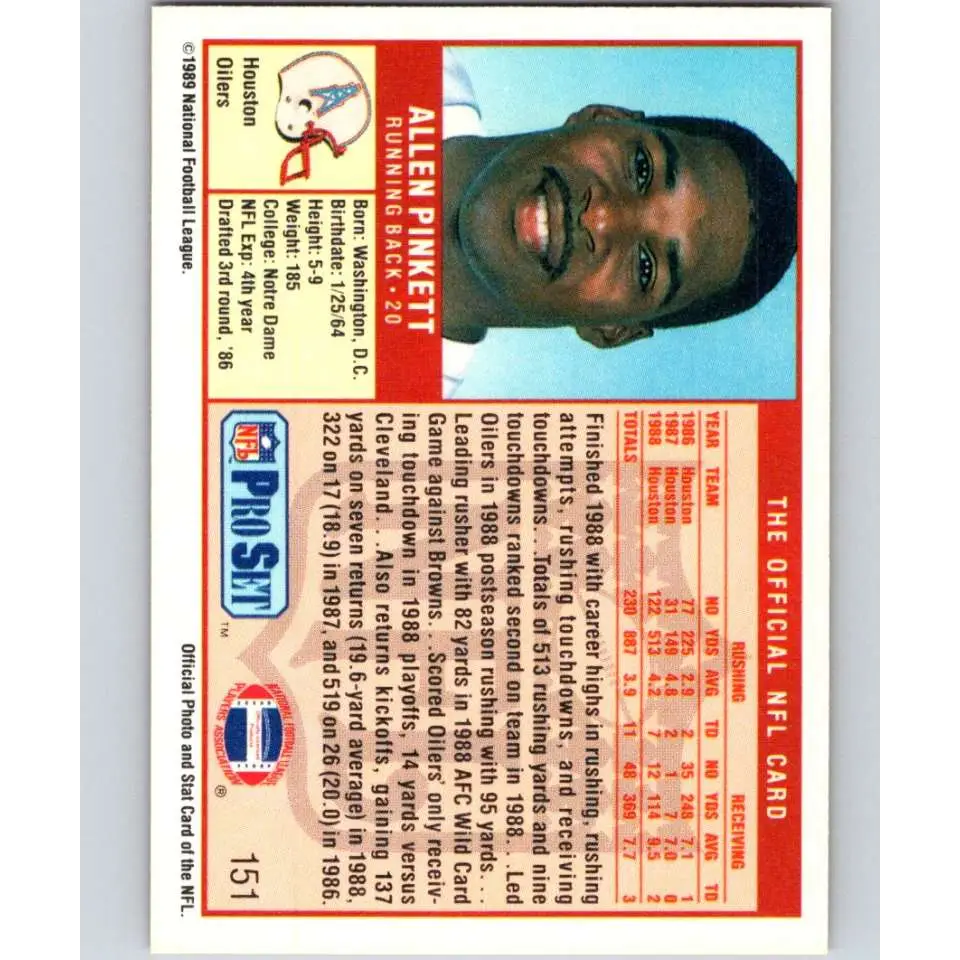 1989 Pro Set #151 Allen Pinkett NM-MT RC Rookie Houston Oilers Football Card Image 2