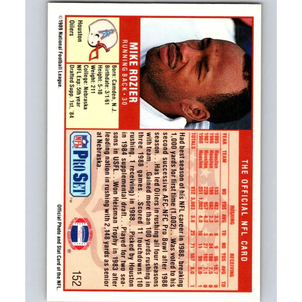 1989 Pro Set #152 Mike Rozier NM-MT Houston Oilers Football Card Image 2