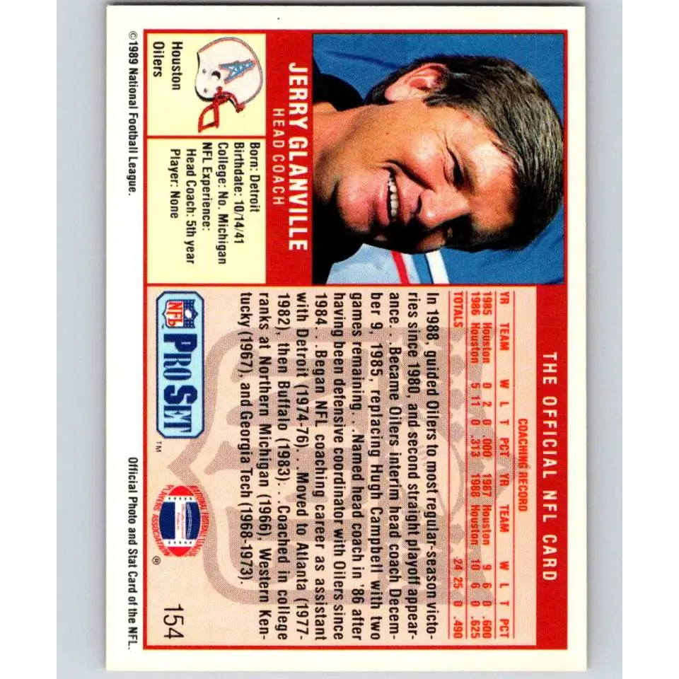 1989 Pro Set #154 Jerry Glanville CO NM-MT Houston Oilers Football Card Image 2