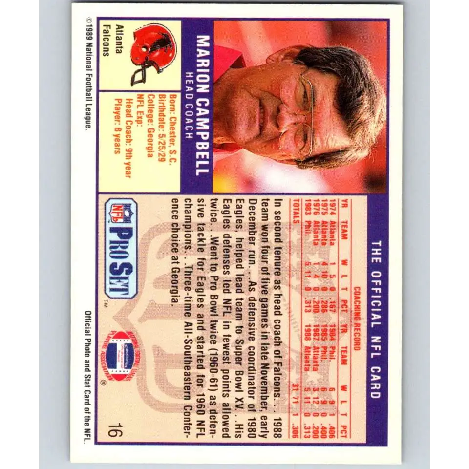 1989 Pro Set #16 Marion Campbell CO NM-MT Atlanta Falcons Football Card Image 2