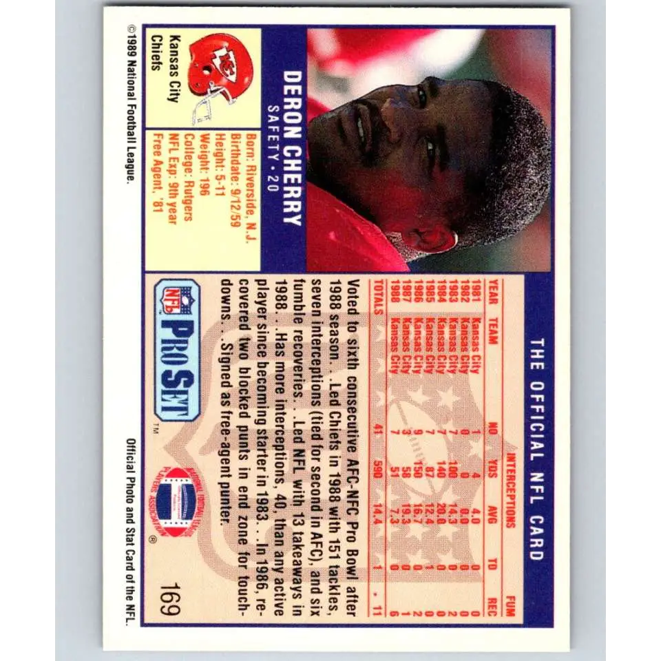 1989 Pro Set #169 Deron Cherry NM-MT Kansas City Chiefs Football Card Image 2