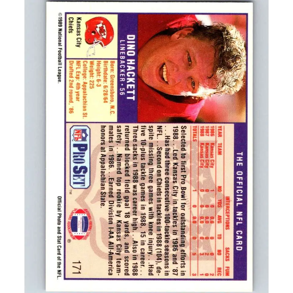 1989 Pro Set #171 Dino Hackett NM-MT Kansas City Chiefs Football Card Image 2