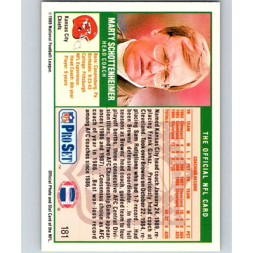 1989 Pro Set #181 Marty Schottenheimer CO NM-MT Kansas City Chiefs Football Card Image 2
