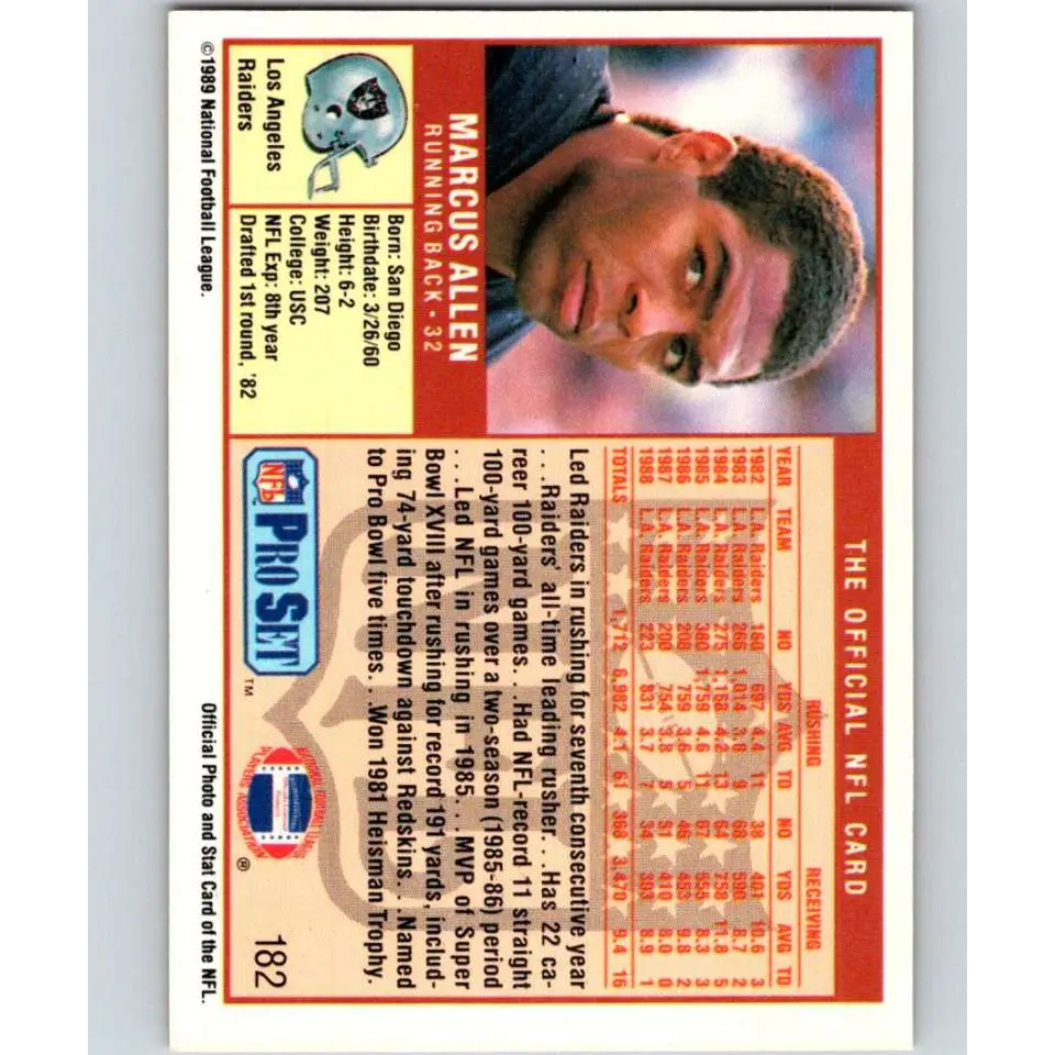 1989 Pro Set #182 Marcus Allen NM-MT Los Angeles Raiders Football Card Image 2