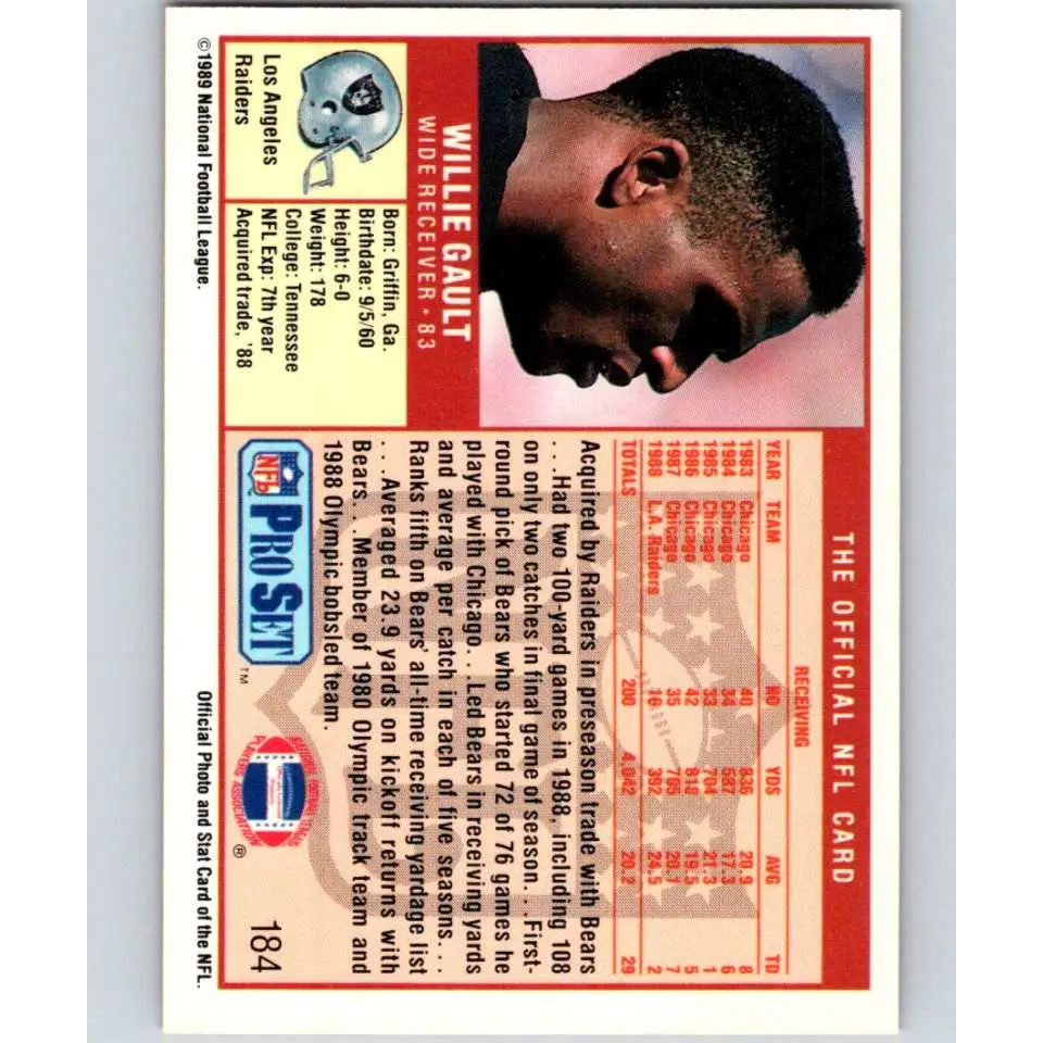 1989 Pro Set #184 Willie Gault NM-MT Los Angeles Raiders Football Card Image 2