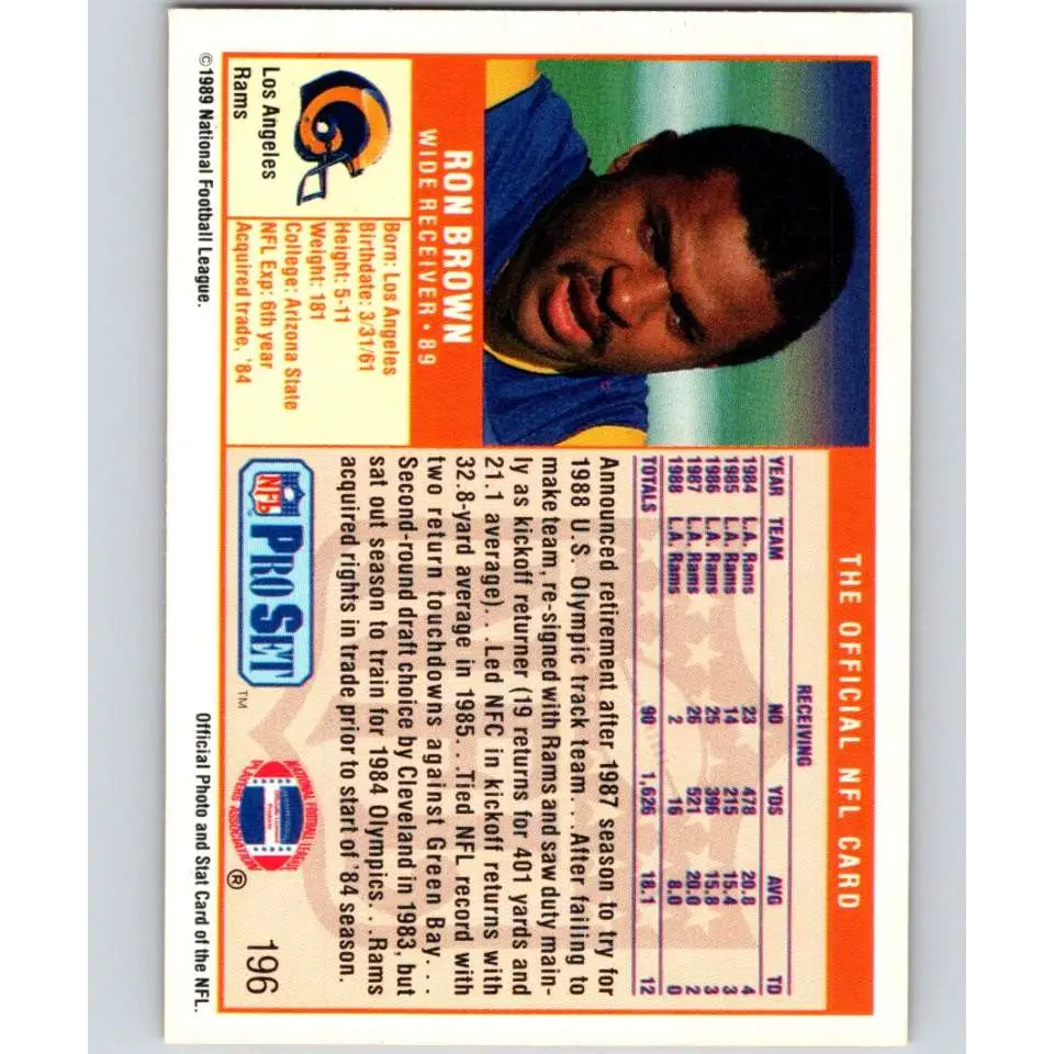 1989 Pro Set #196 Ron Brown NM-MT Los Angeles Rams Football Card Image 2