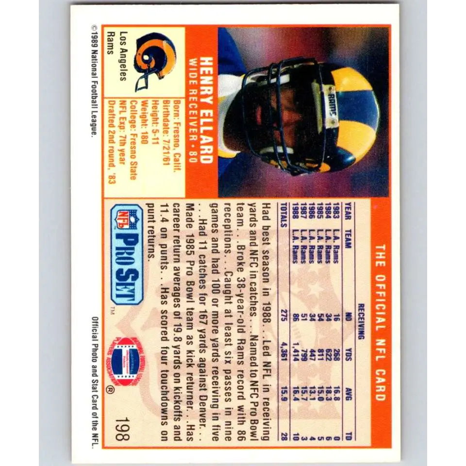 1989 Pro Set #198 Henry Ellard NM-MT Los Angeles Rams Football Card Image 2