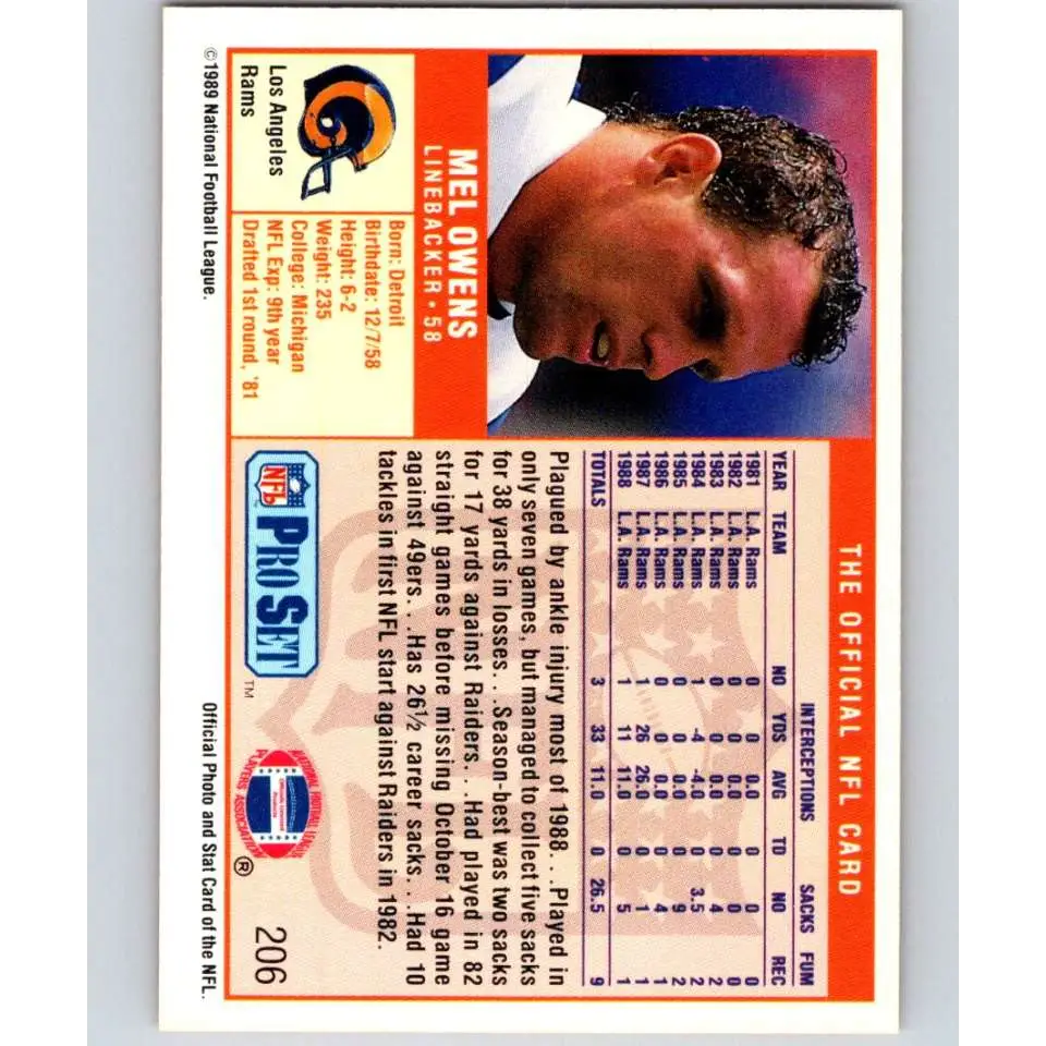 1989 Pro Set #206 Mel Owens NM-MT Los Angeles Rams Football Card Image 2